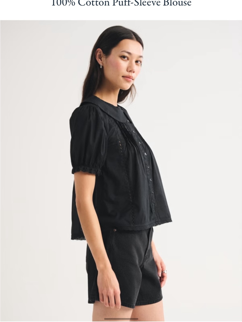 A&F Black Puff-Sleeve Cotton Blouse with Peter Pan Collar - Picture 2 of 5